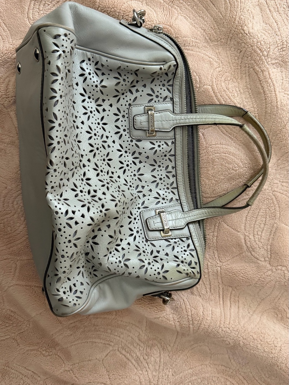 Coach Light Gray Laser-Cut Floral Tote